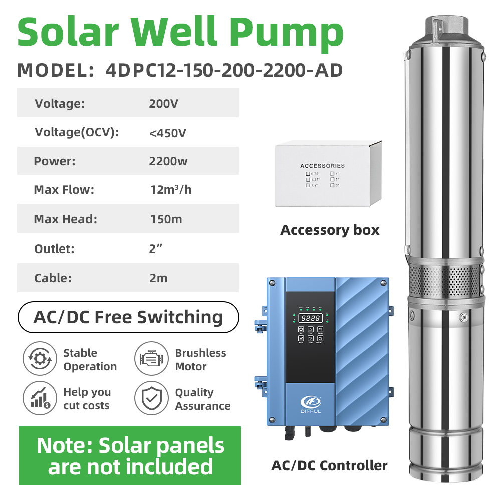 Solar Water Pump 2200W 4 Inch - DIFFUL 4インチ 2200W ソーラー深井戸水中ポンプソリューション ACDCブラシレスモーター&外部MPPTコントローラー（ボアホール用）